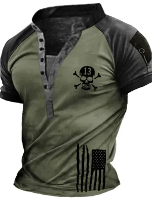 Men's T shirt Tee Henley Shirt Tee Raglan T Shirt Graphic Color Block Skull Stand Collar Yellow Pink Army Green Blue 3D Print Plus Size Outdoor Daily Short Sleeve Button-Down Print Clothing Apparel