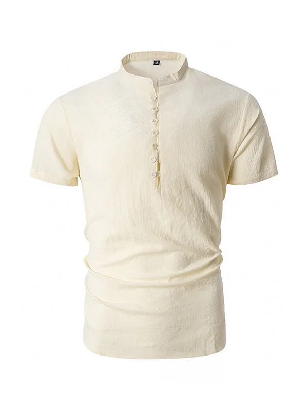 Men'S Vintage Cotton And Linen Casual Henley Collar Short Sleeve