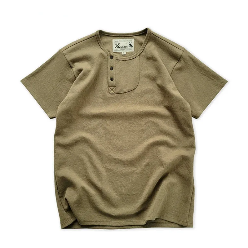 Men's Vintage Henley Collar T-shirt - Khaki Green Cotton Tees