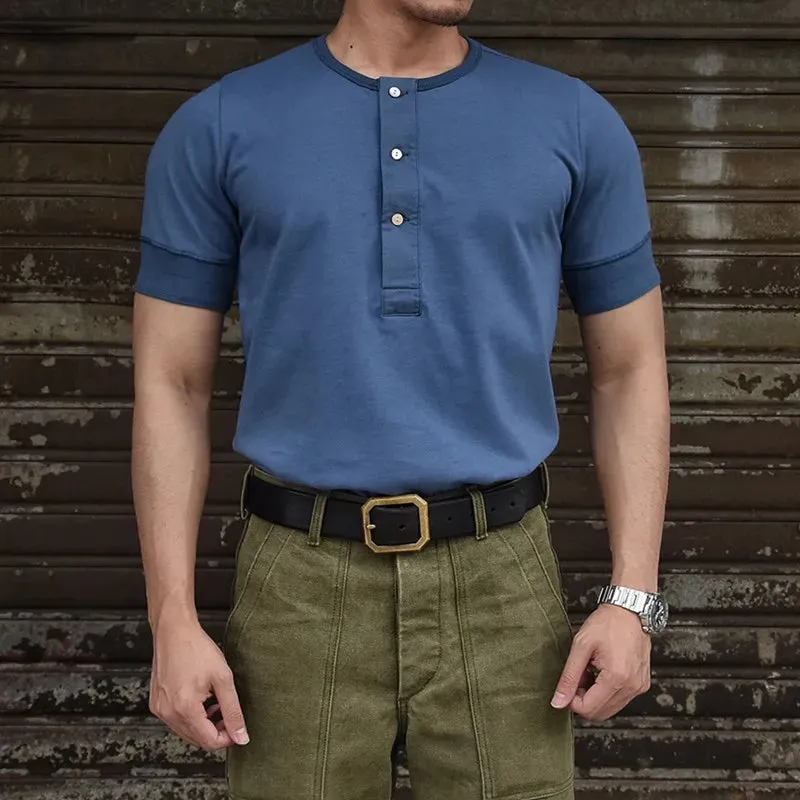 Men's Vintage Henley Collar T-shirt with Short Sleeves and Ribbed Cuffs