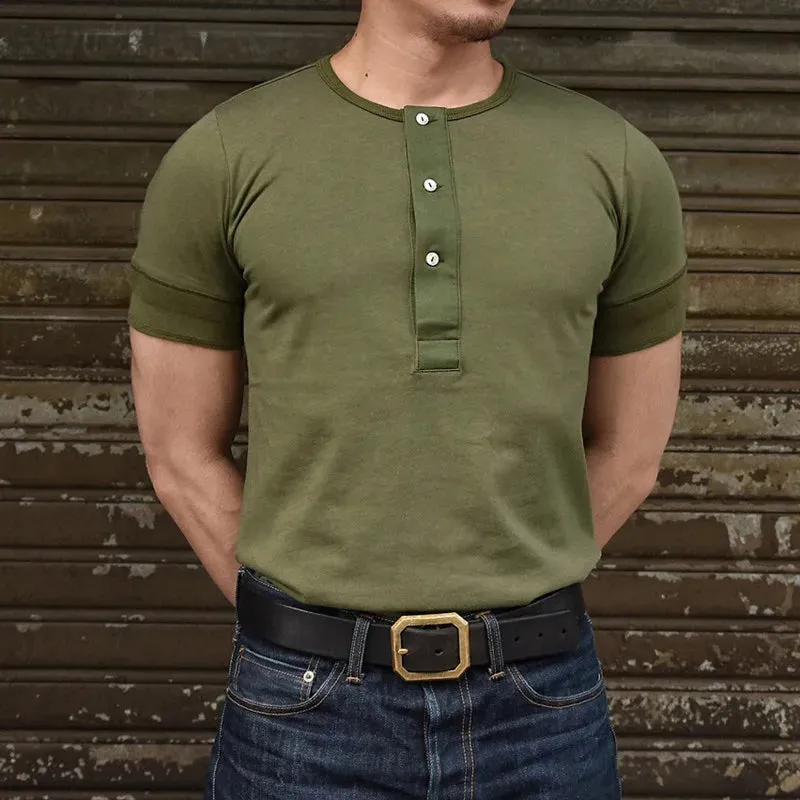 Men's Vintage Henley Collar T-shirt with Short Sleeves and Ribbed Cuffs