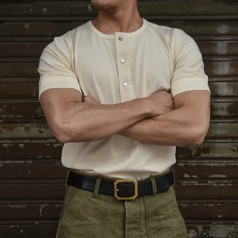 Men's Vintage Henley Collar T-shirt with Short Sleeves and Ribbed Cuffs