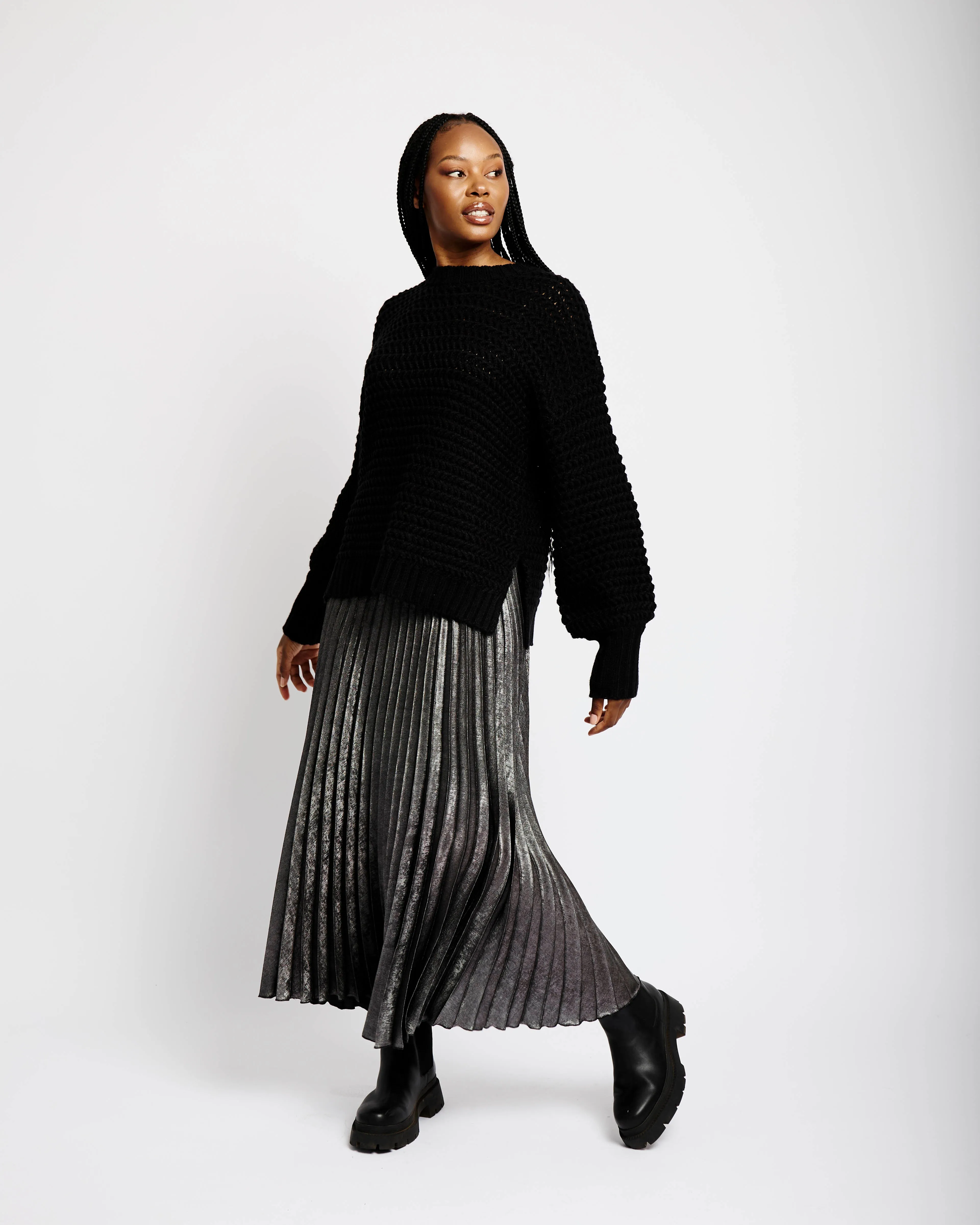 Metallic Pleated Skirt in Silver