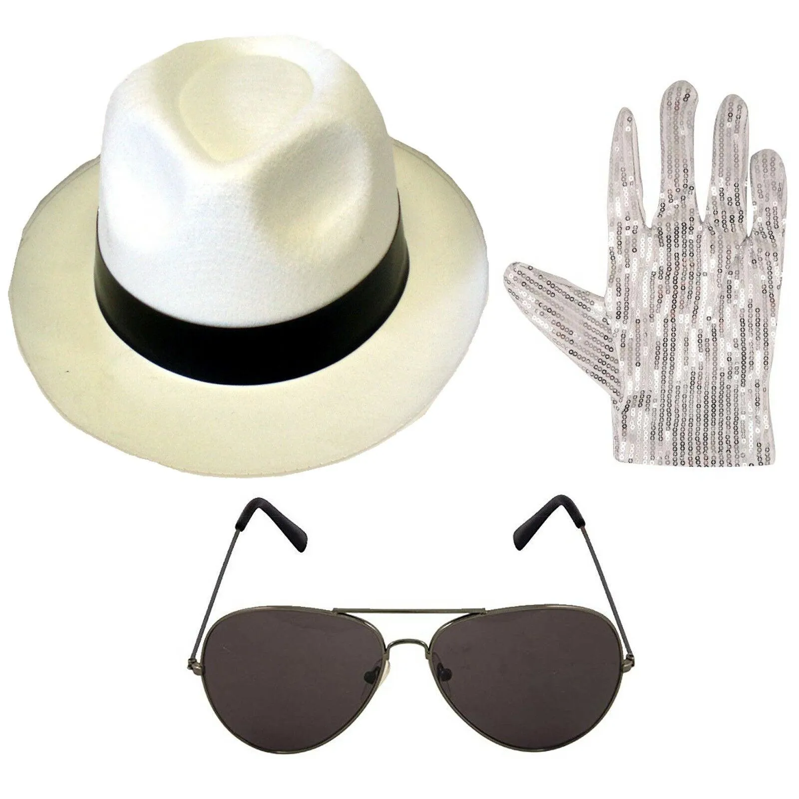 Michael Jackson style 3pc Set Hat Pop Gloves Aviator Shades 1980’s Fancy Dress