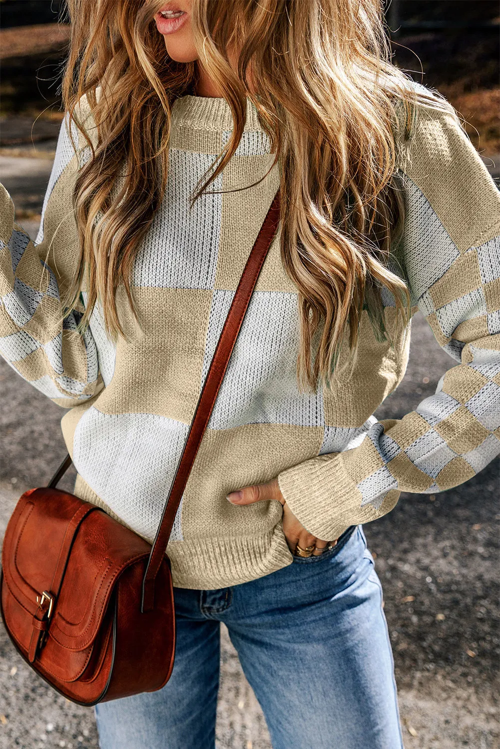 Mint Green Checkered Print Drop Shoulder Sweater