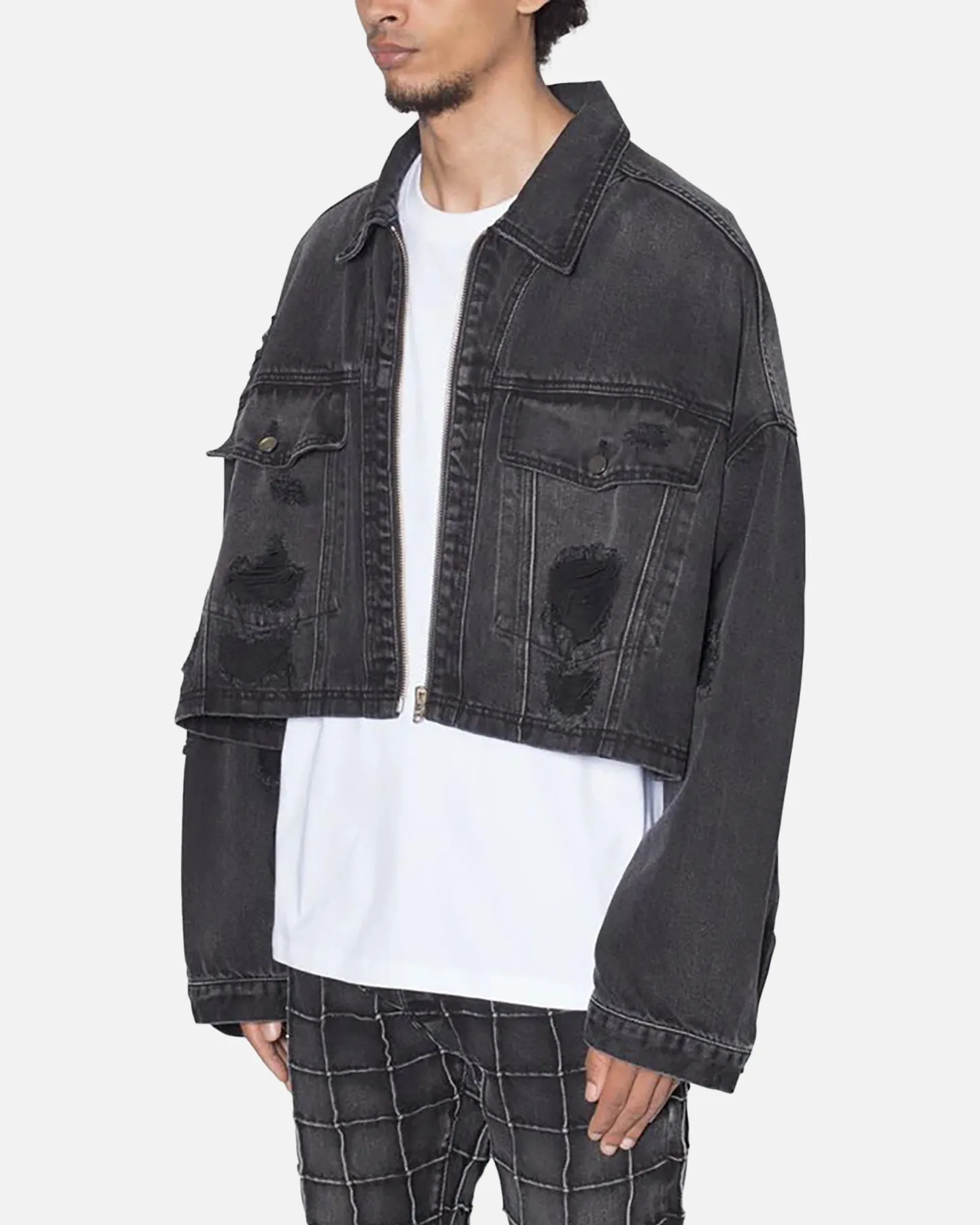 MNML Oversized Ripped Cropped Denim Jacket Washed Black