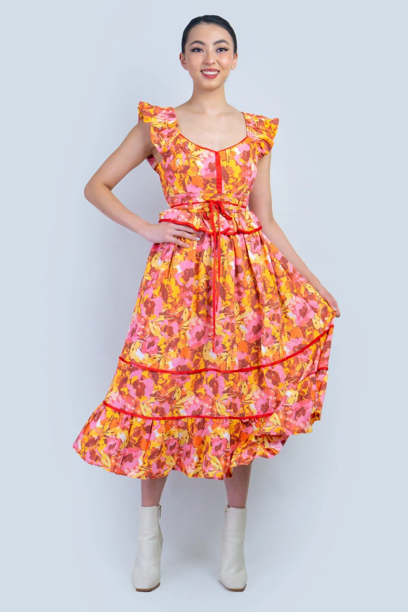 Multi Floral Red Piping Midi Dress