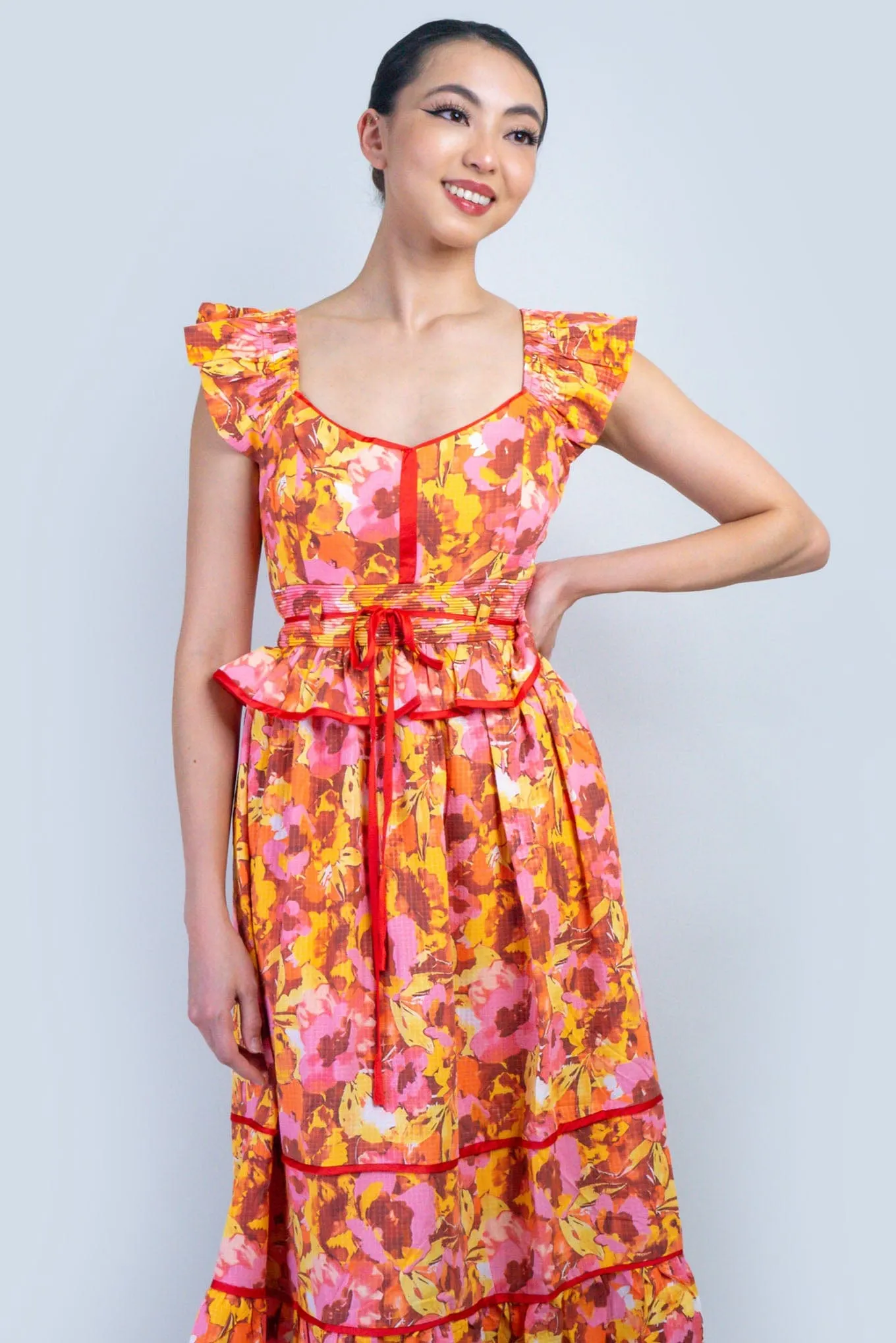 Multi Floral Red Piping Midi Dress