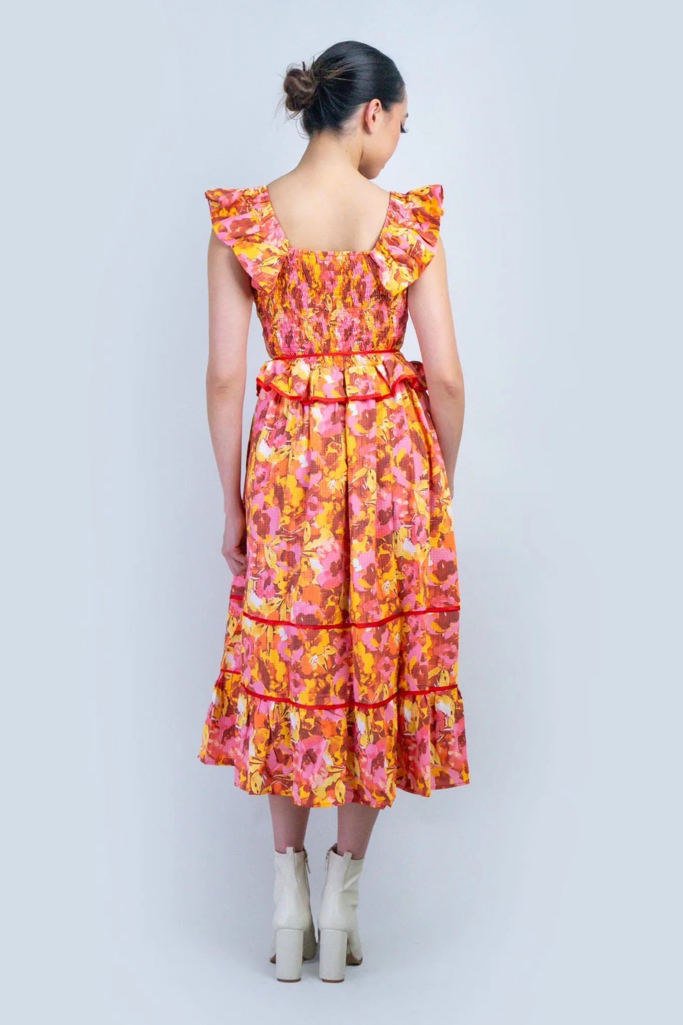 Multi Floral Red Piping Midi Dress