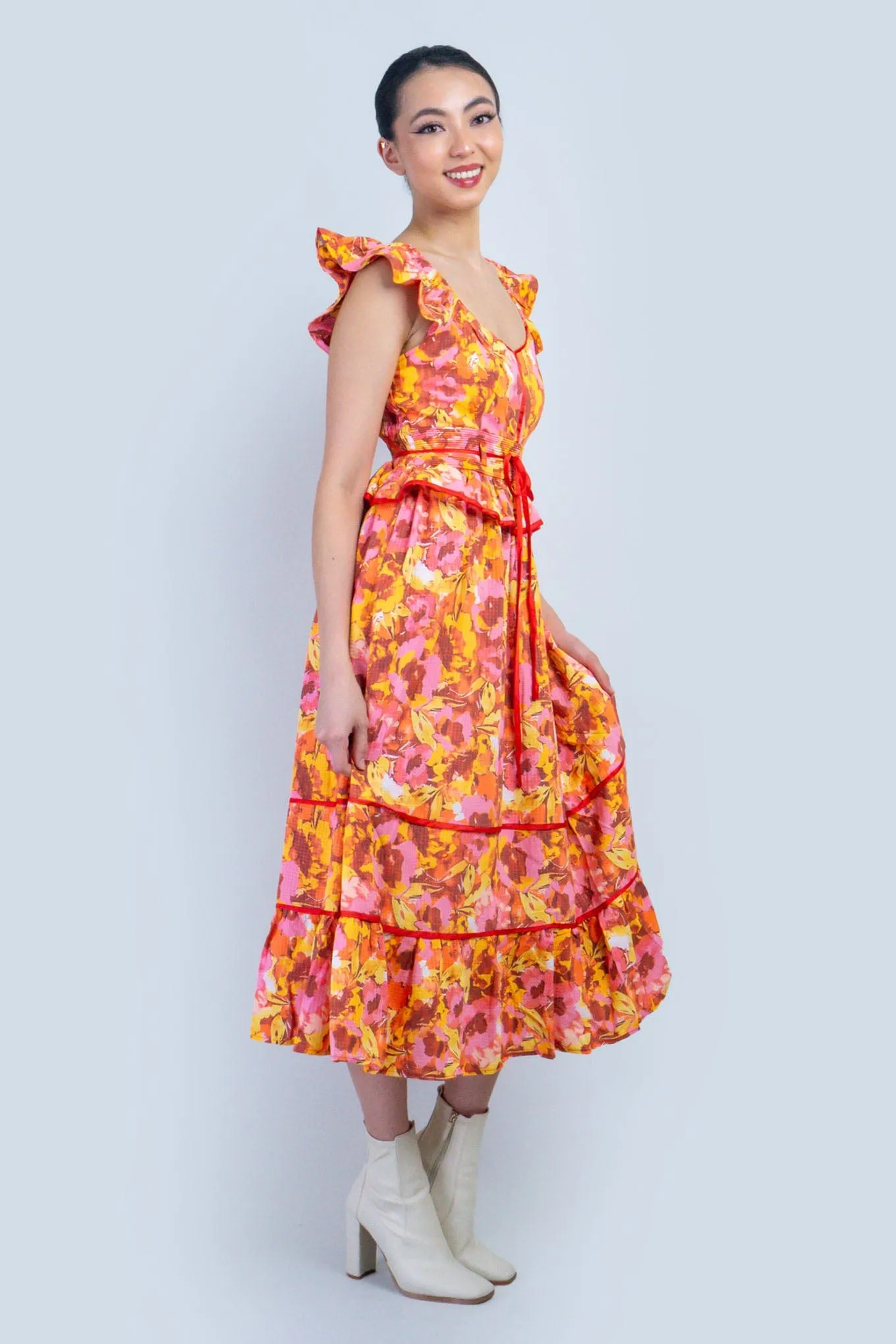 Multi Floral Red Piping Midi Dress