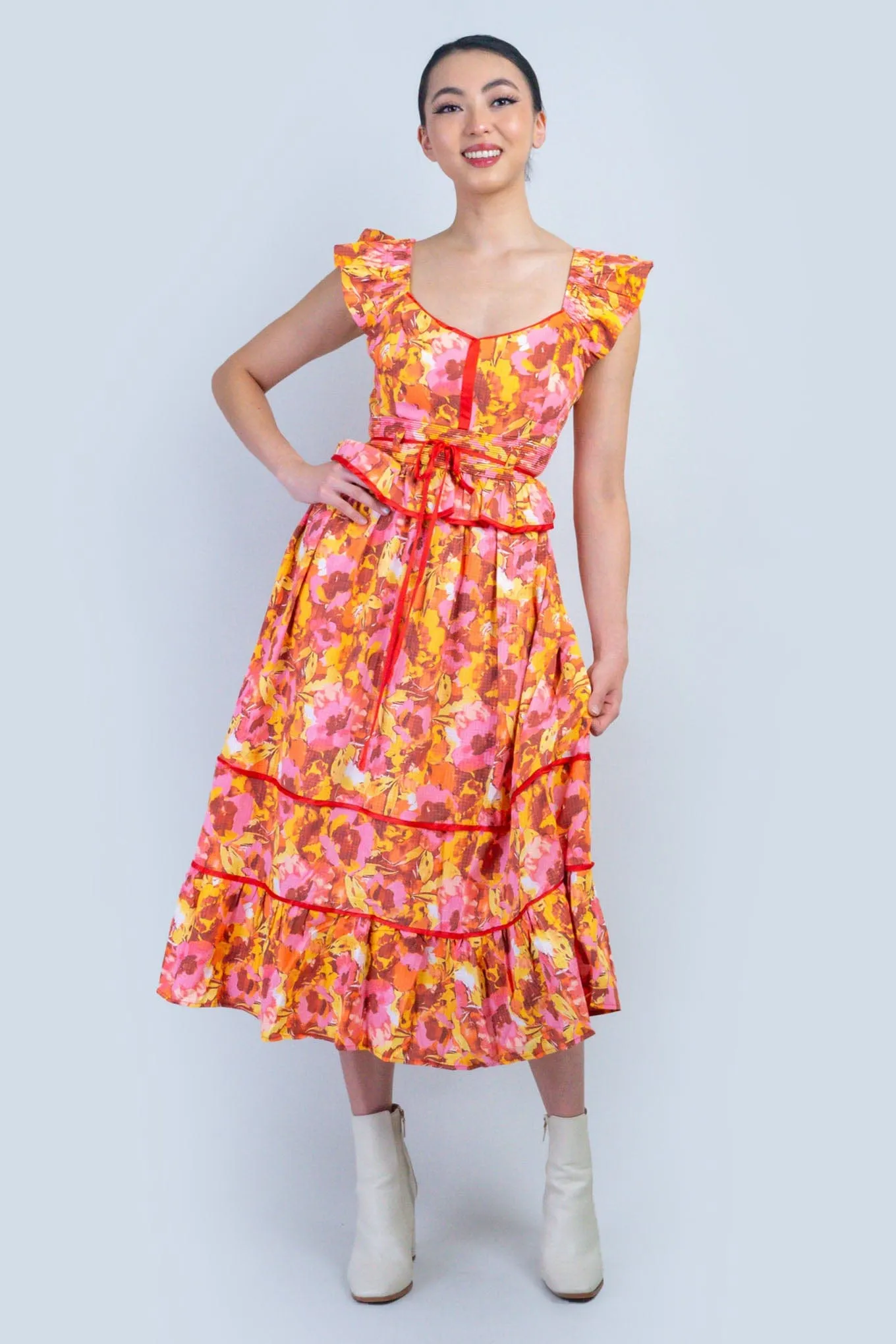 Multi Floral Red Piping Midi Dress