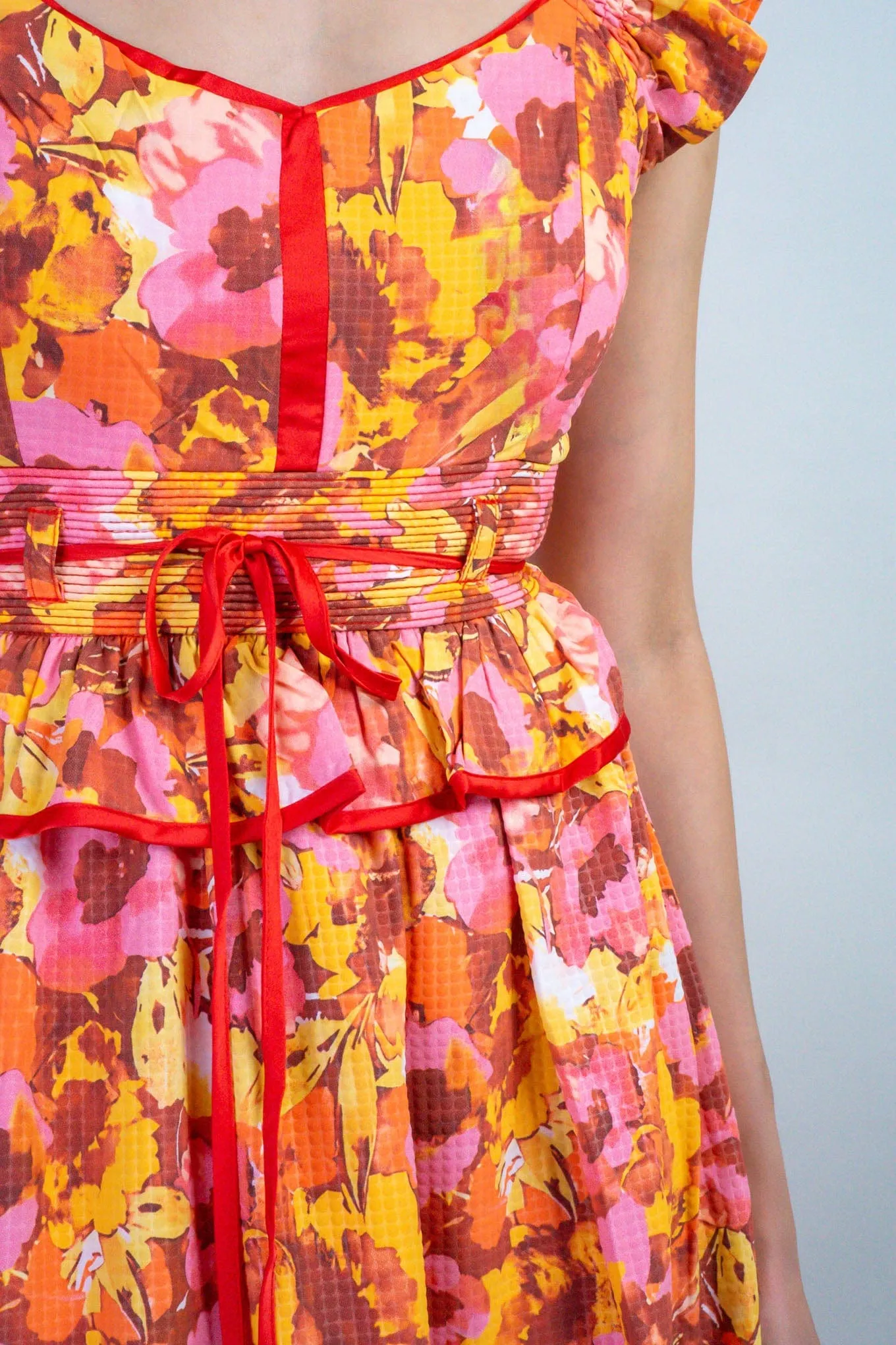 Multi Floral Red Piping Midi Dress