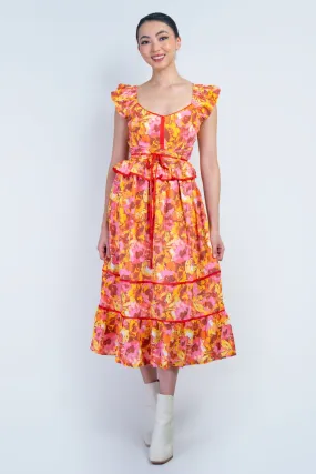 Multi Floral Red Piping Midi Dress