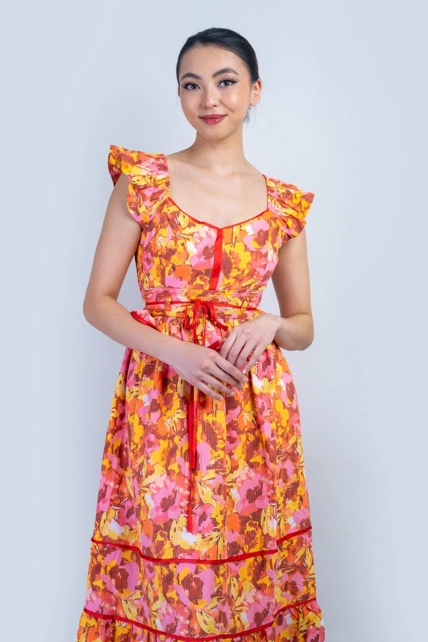 Multi Floral Red Piping Midi Dress