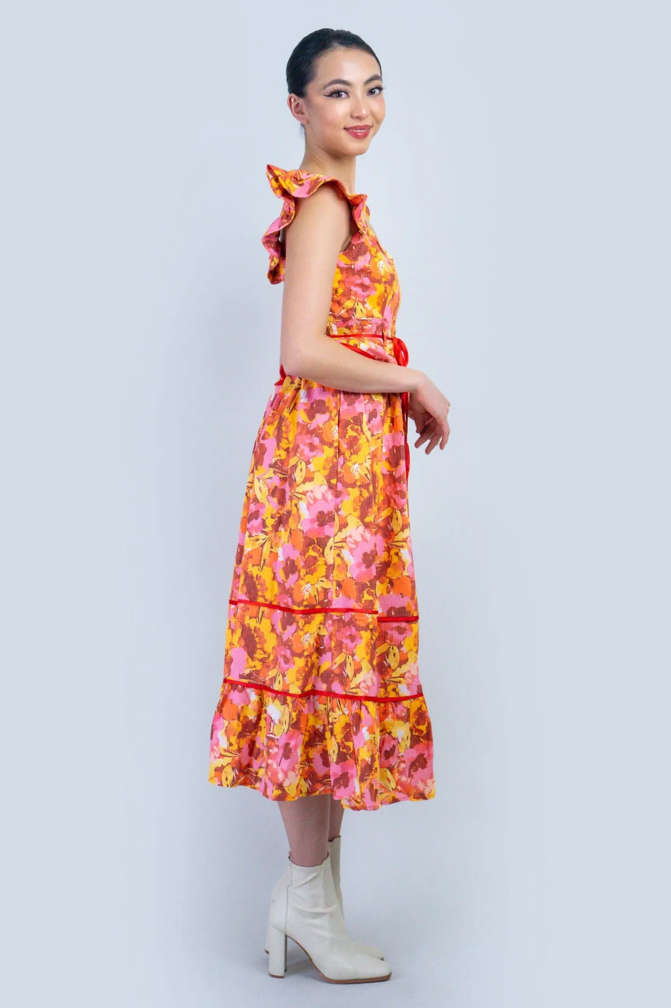 Multi Floral Red Piping Midi Dress