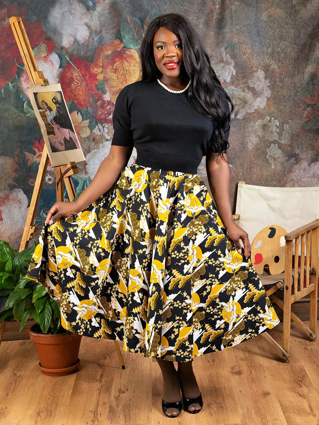 Mustard Crane Print 1950s Circle Skirt