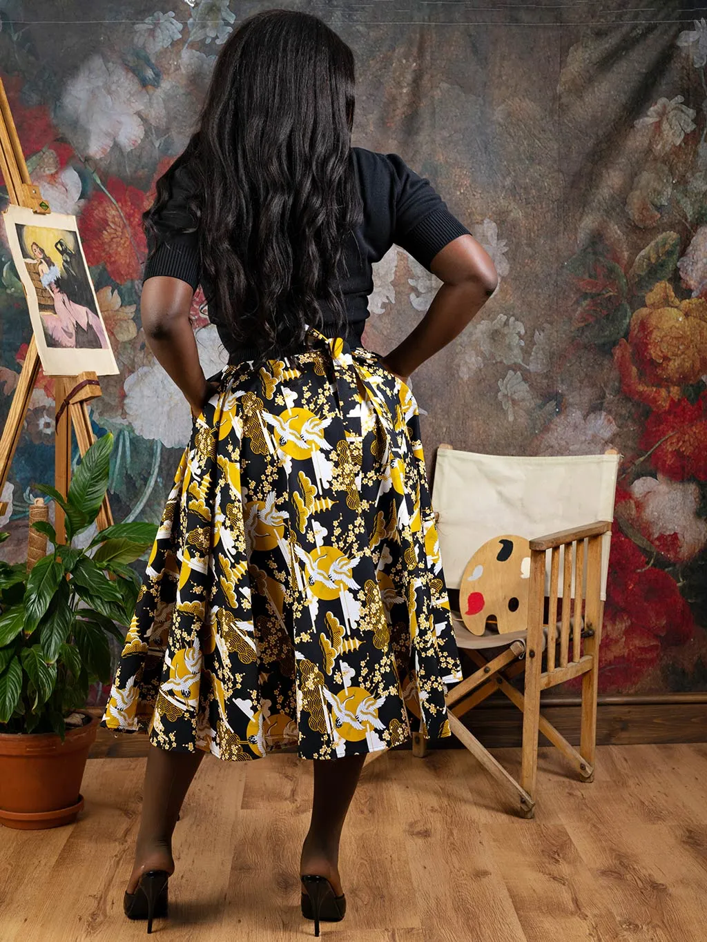 Mustard Crane Print 1950s Circle Skirt