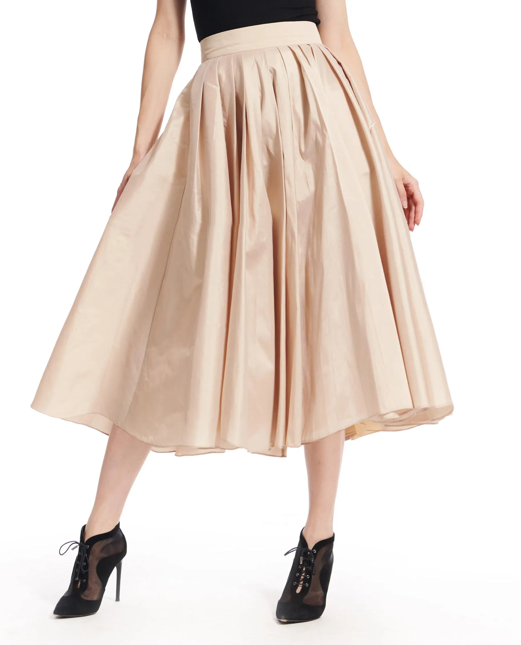 NAVY TAFFETA TEA LENGTH MIDI SKIRT