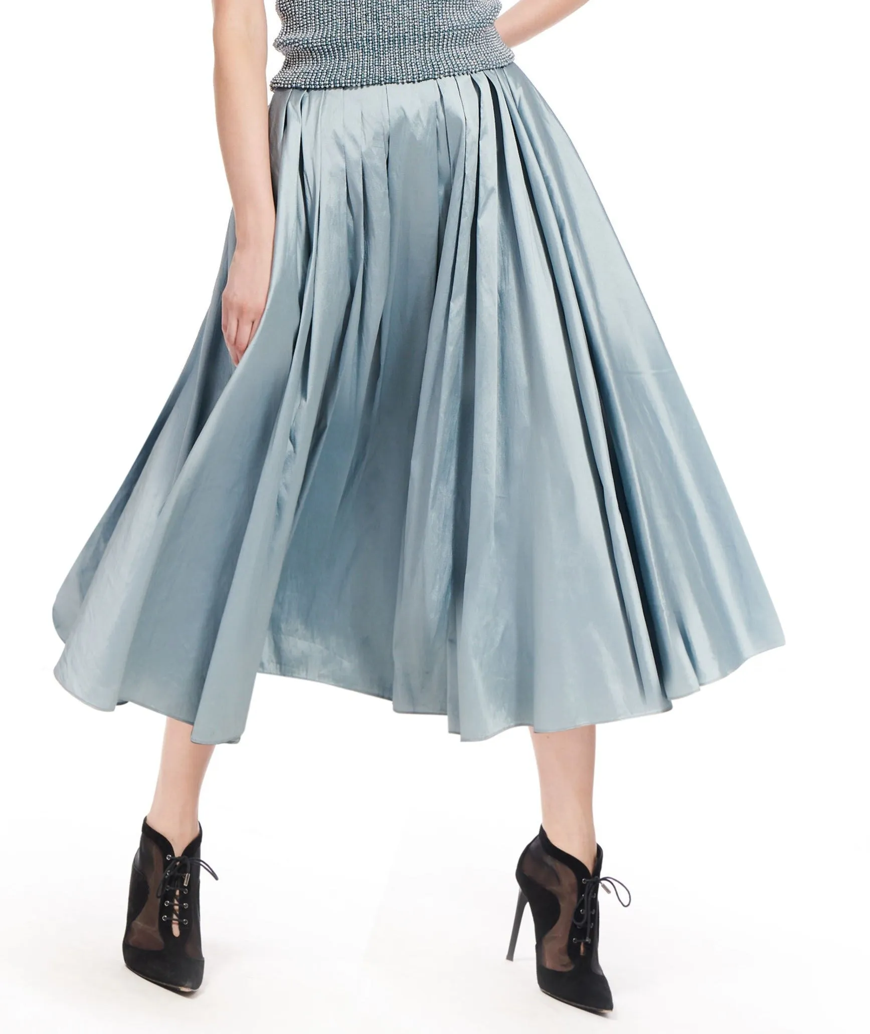 NAVY TAFFETA TEA LENGTH MIDI SKIRT