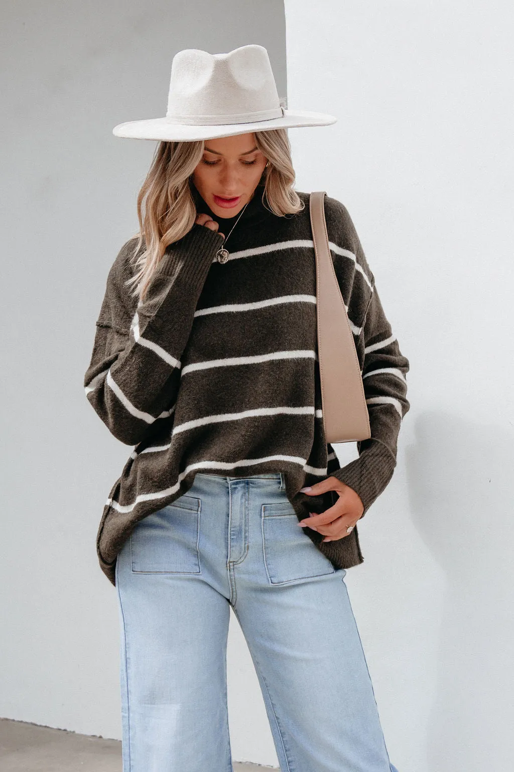 Next To Me Olive Striped Pullover Sweater