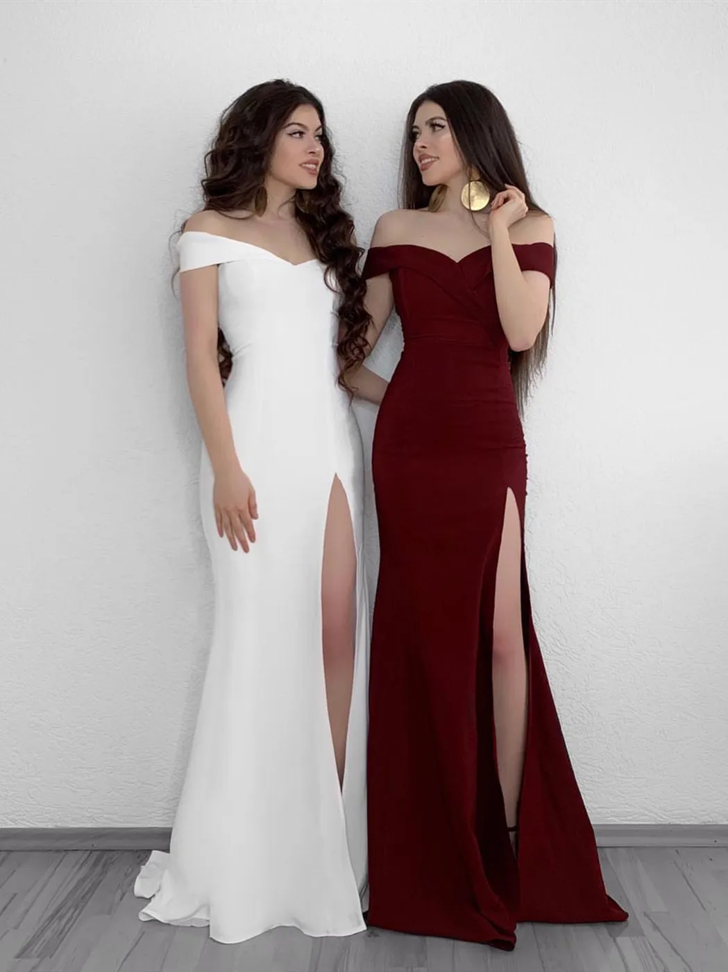 Off Shoulder Mermaid White/Burgundy Prom with Side High Slit, Off Shoulder White/Burgundy Bridesmaid, Graduation