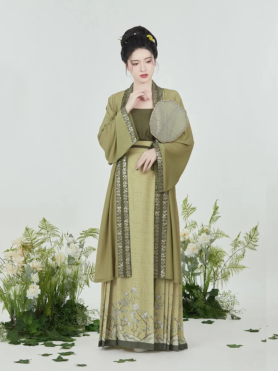 Olive Chinese Style Vintage Floral Embroidery Morden Hanfu Skirt Set