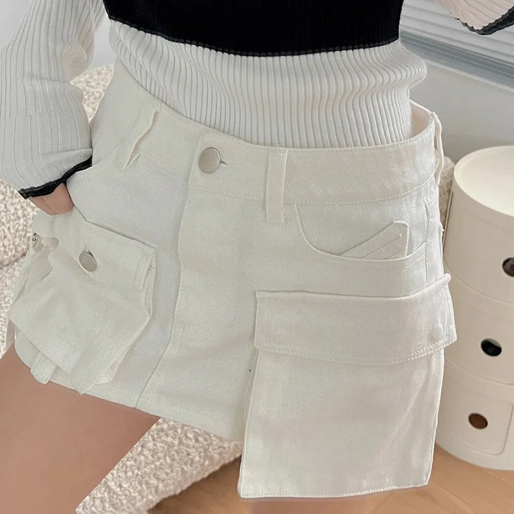 Patchworkm Button Skirts For Women High Waist Irregular Hem A Line Temperament Solid Skirt Female Summer Fashion