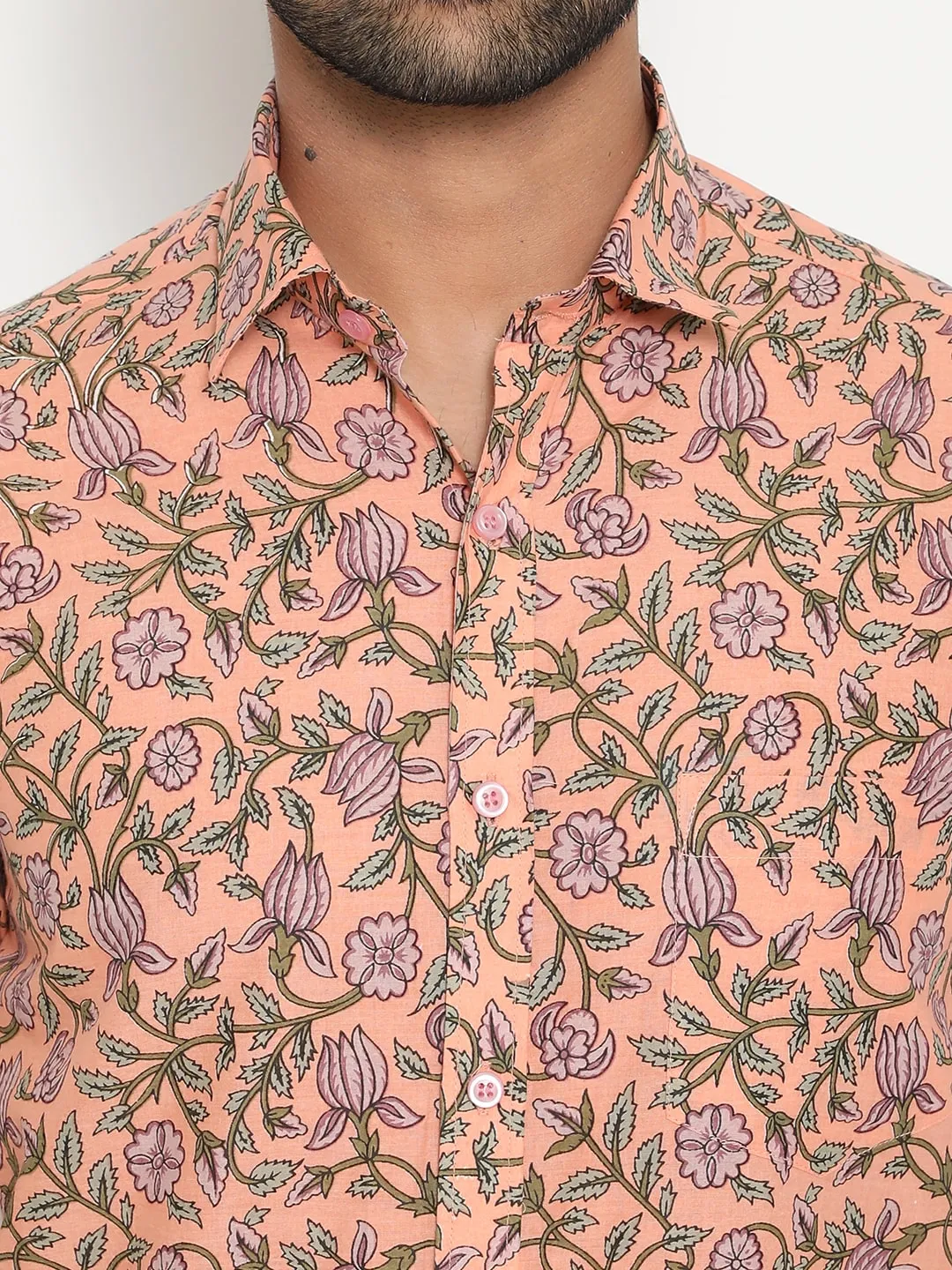 Peach Full Sleeve Cotton Hand Block Printed Men’s Shirt