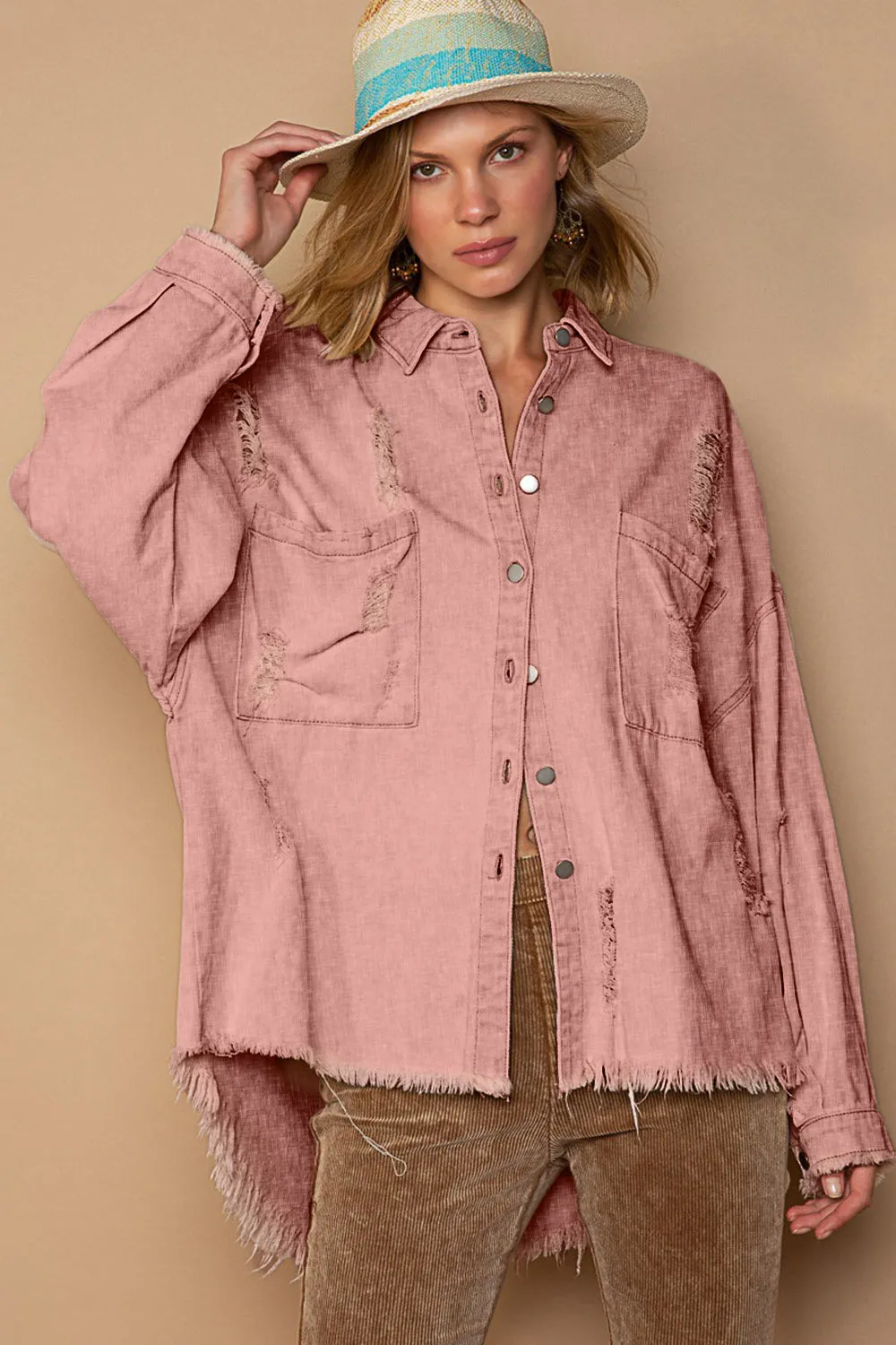 POL Button Down Raw Hem Distressed Mauve Shacket