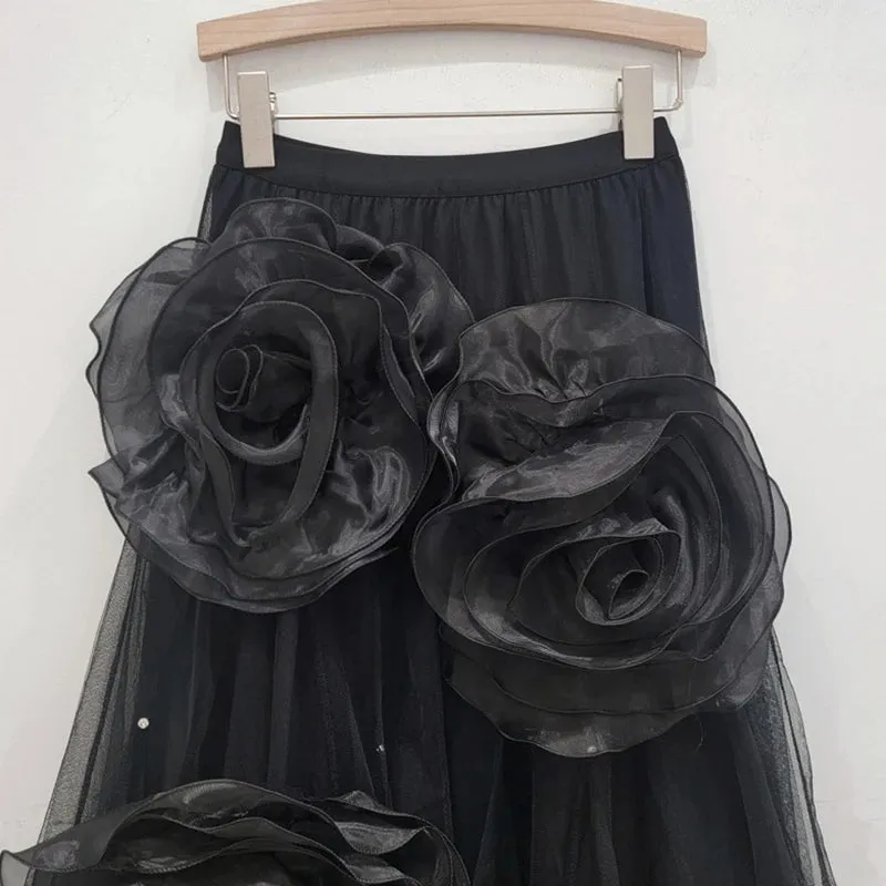 Pre Order: Mesh Handmade 3D Flower High Elastic Waist Skirt