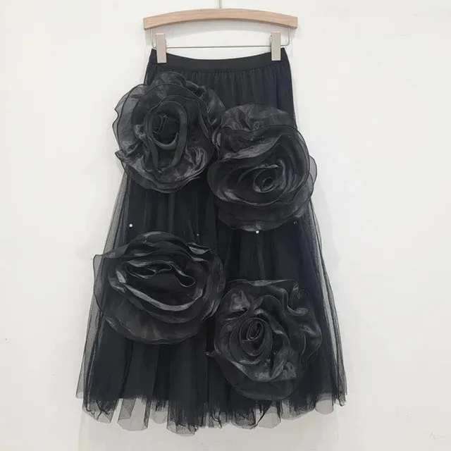 Pre Order: Mesh Handmade 3D Flower High Elastic Waist Skirt