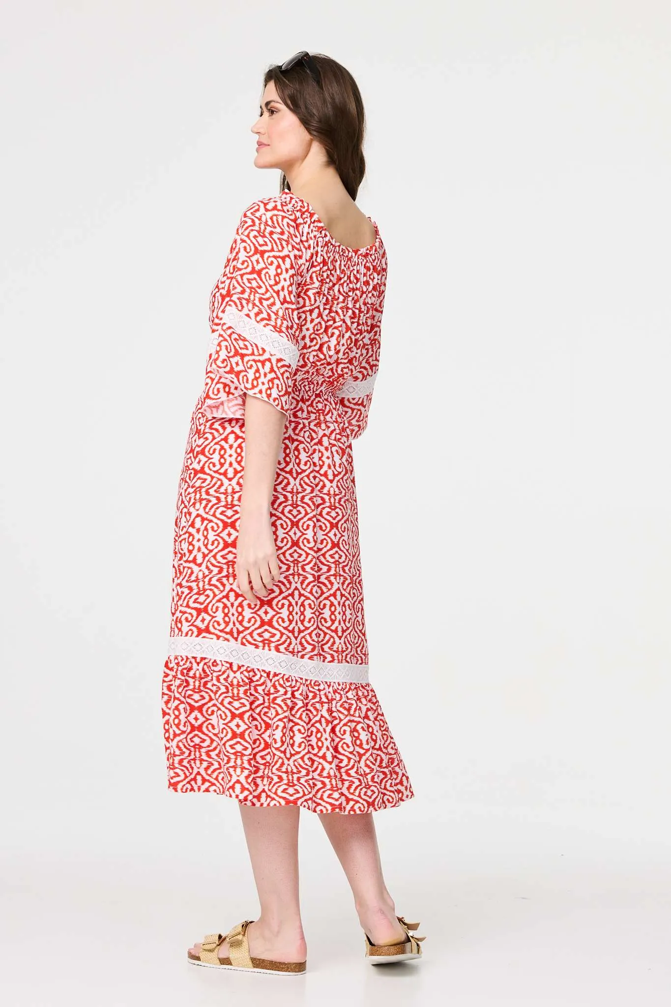 Printed Relaxed Lace Trim Midi Dress