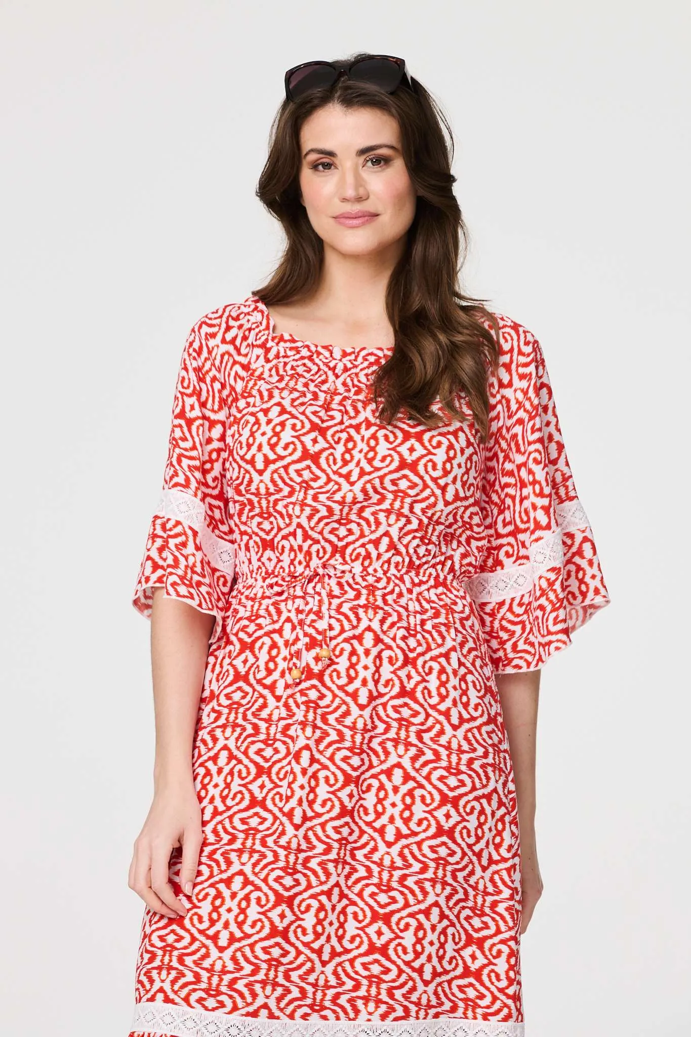 Printed Relaxed Lace Trim Midi Dress