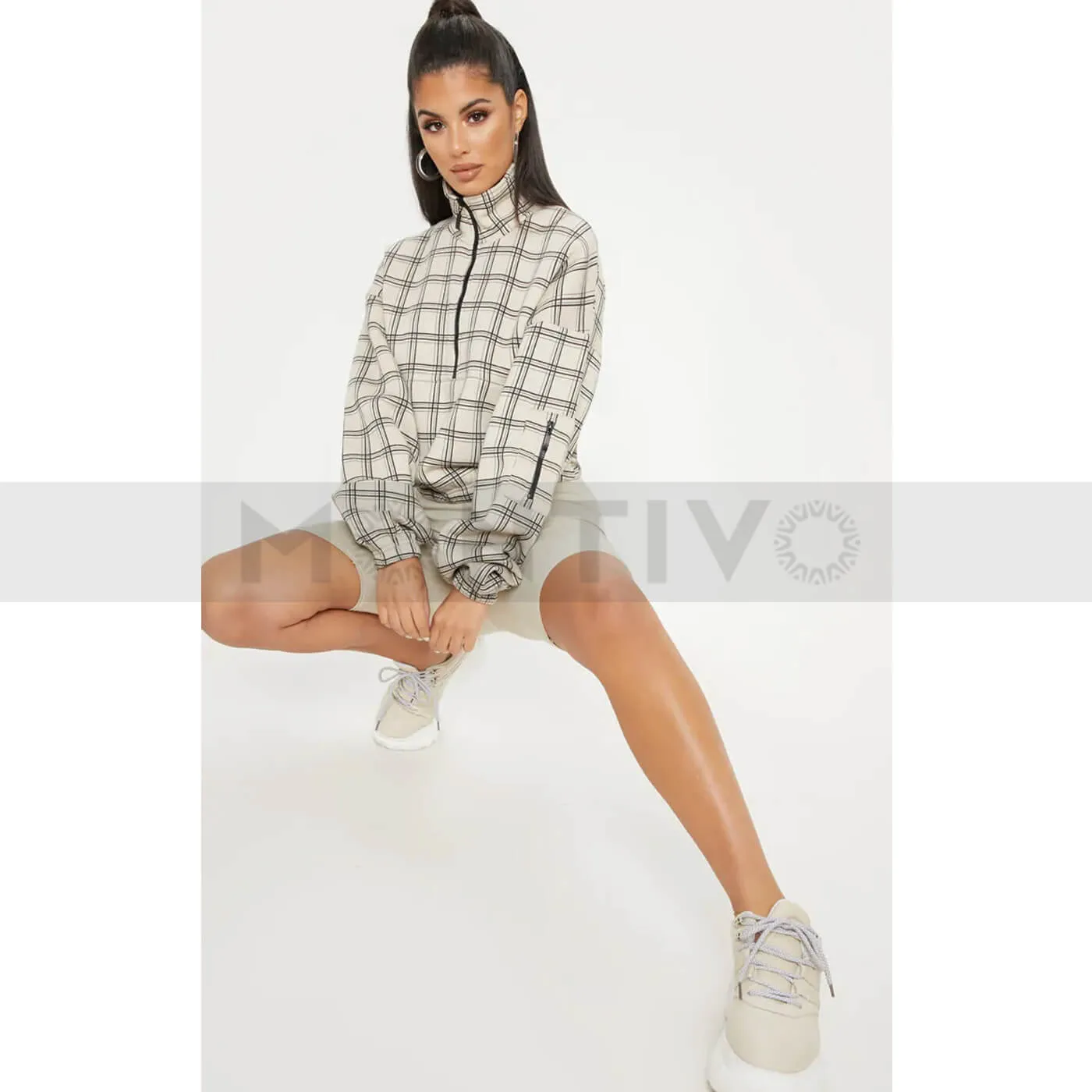 PTL Brown Check Oversized Crop Sweatshirt