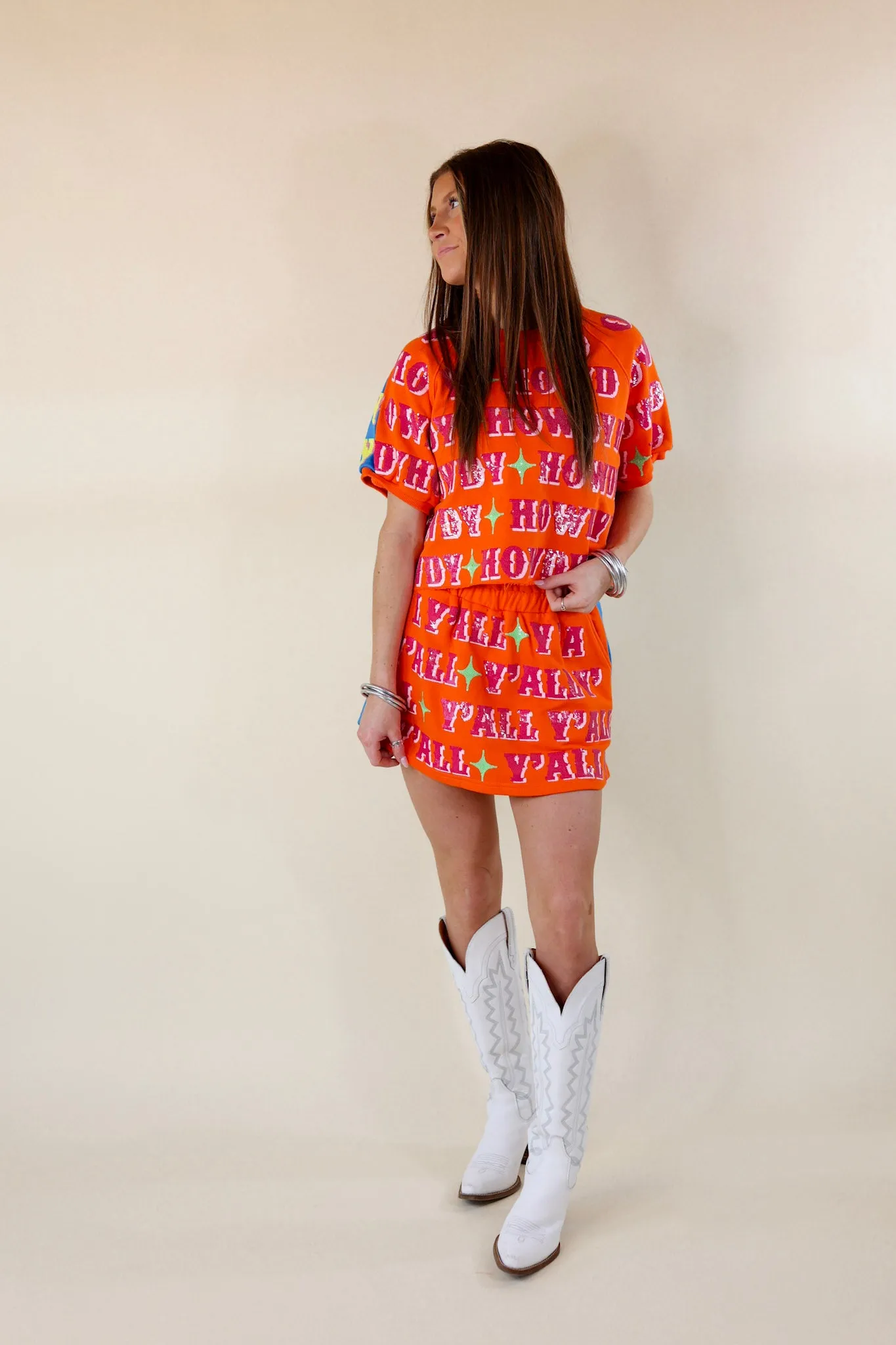 Queen Of Sparkles | Howdy Y'all Sequined Colorblock Short Sleeve Top in Orange & Blue