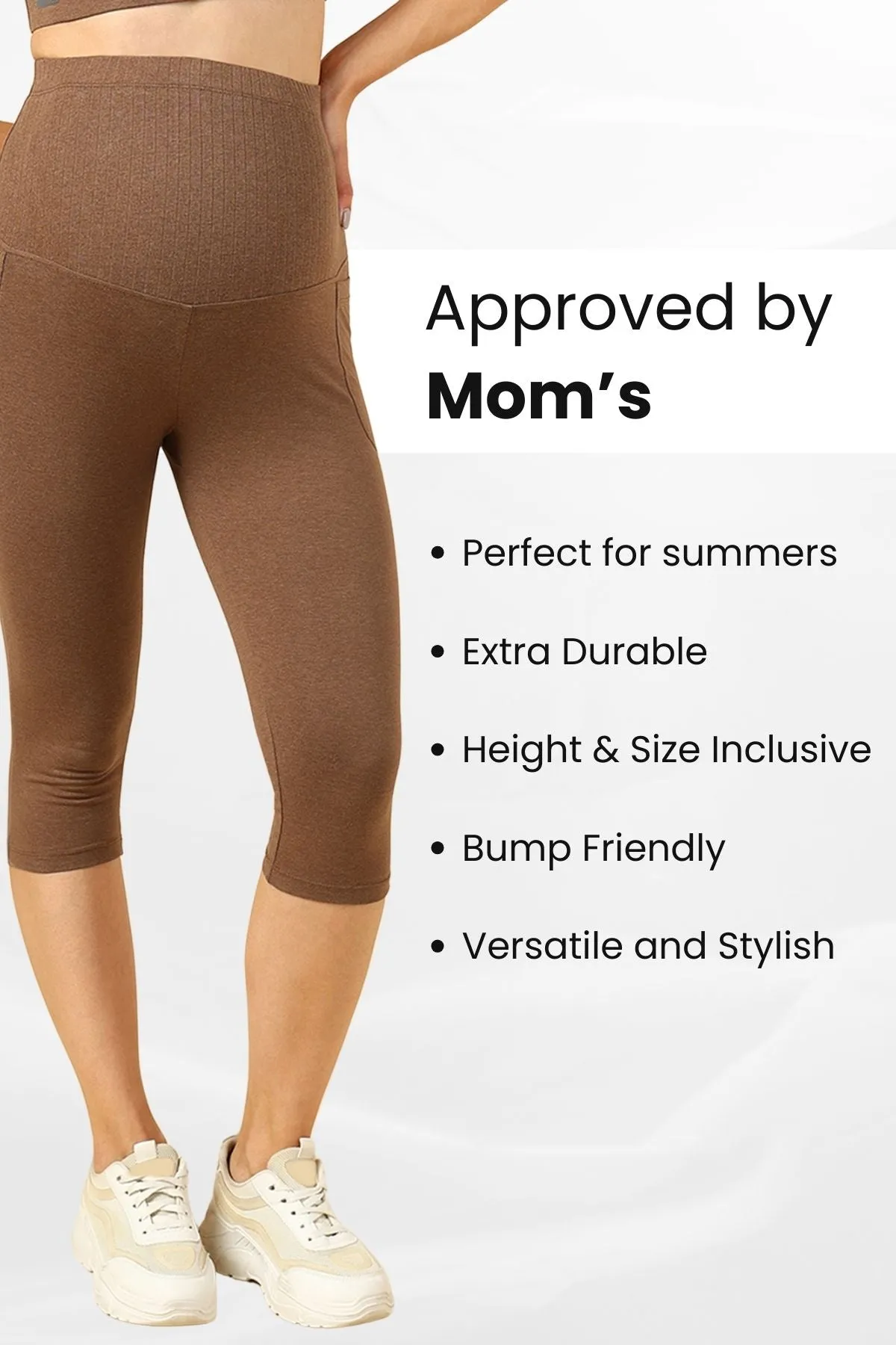 Ribbed Cotton Melange Brown Maternity Capri (Pregnancy & Postpartum)