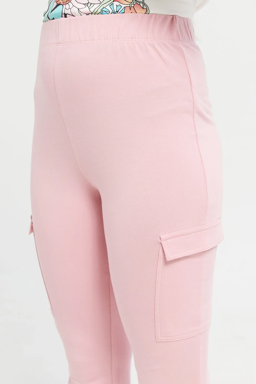 Senior Girls Pink Cargo Pocket Flared Leggings