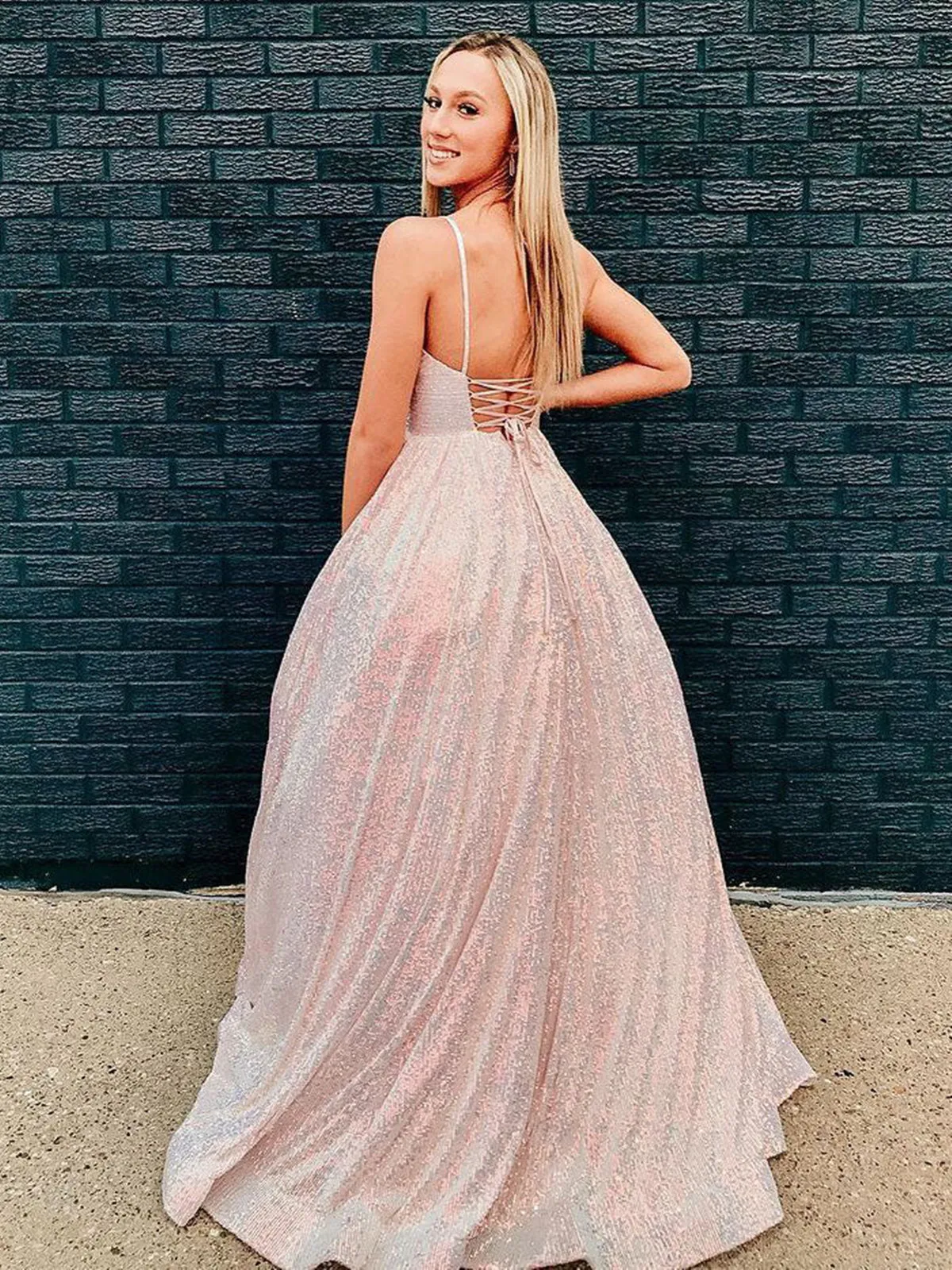 Shiny V Neck Backless Pink Long Prom Dresses, Open Back Pink Formal Dresses, Pink Evening Dresses