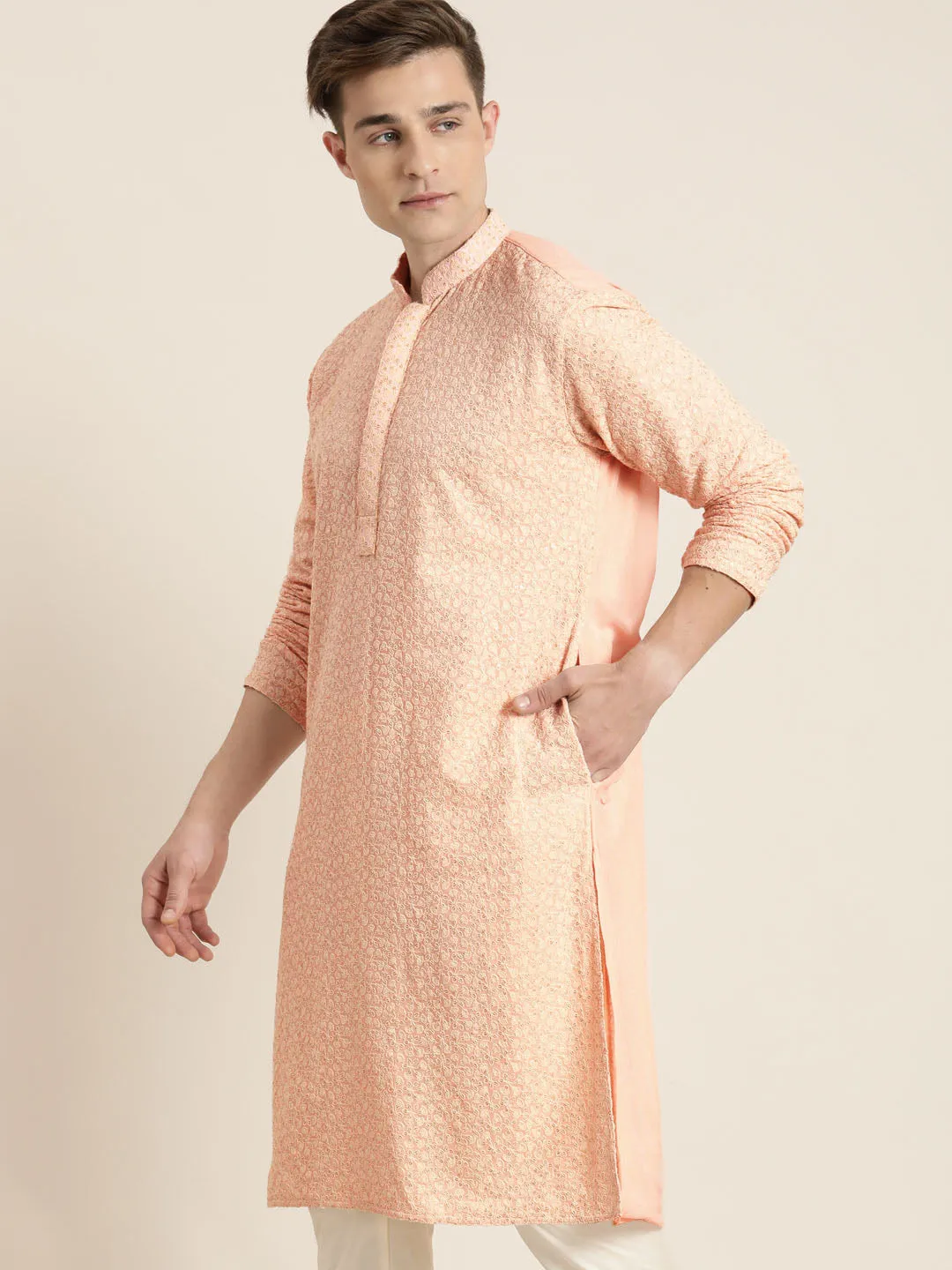 SHRESTHA BY VASTRAMAY Men's Pink Ethnic Chikankari Kurta