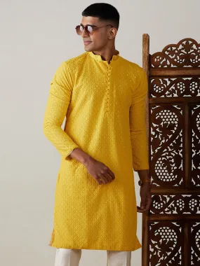 SHRESTHA By VASTRAMAY Men's Yellow Embroidery Worked Georgette Kurta