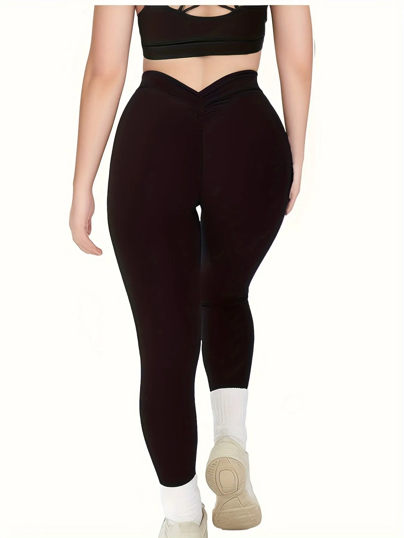 Sleek Support Women's Plus V-shaped Waist Plain Black Ruched Bust Sports Leggings