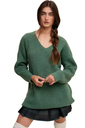 Slouchy V-neck Ribbed Knit Sweater