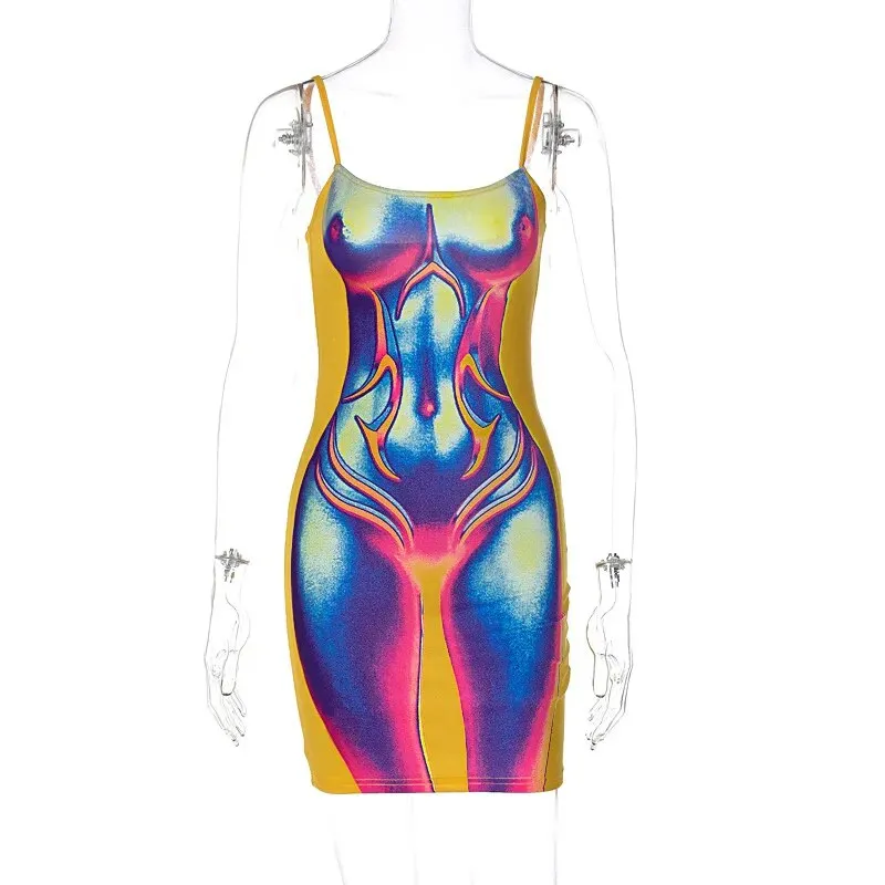 Spaghetti Strap 3D Body Printed Sleeveless Bodycon Midi Dress*