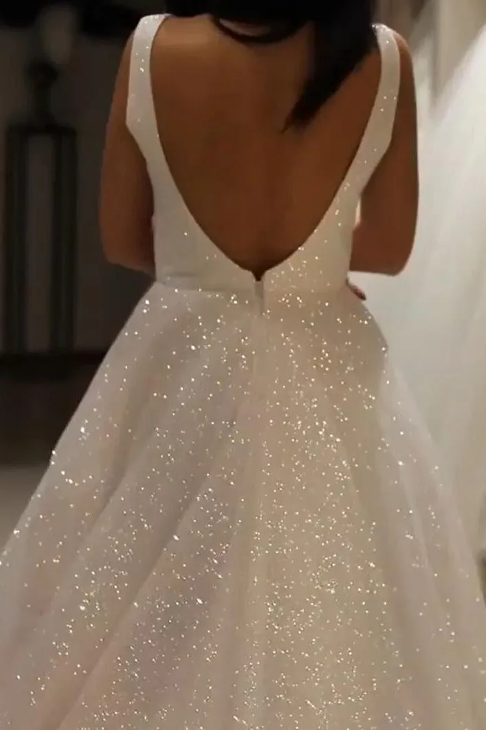 Sparkly V-neck Backless Wedding Gown, Sequins Prom Dress On Sale UK, OW314