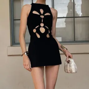 Spring Summer Women Adult Lady like Woman Hollow Out Cutout Sexy round Neck Sleeveless Solid Color Dress Women