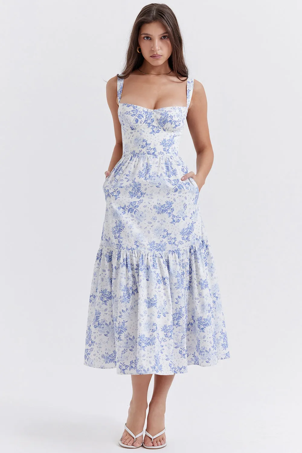 Strap Pocket Elegant Pastoral Floral Tiered Maxi Dress