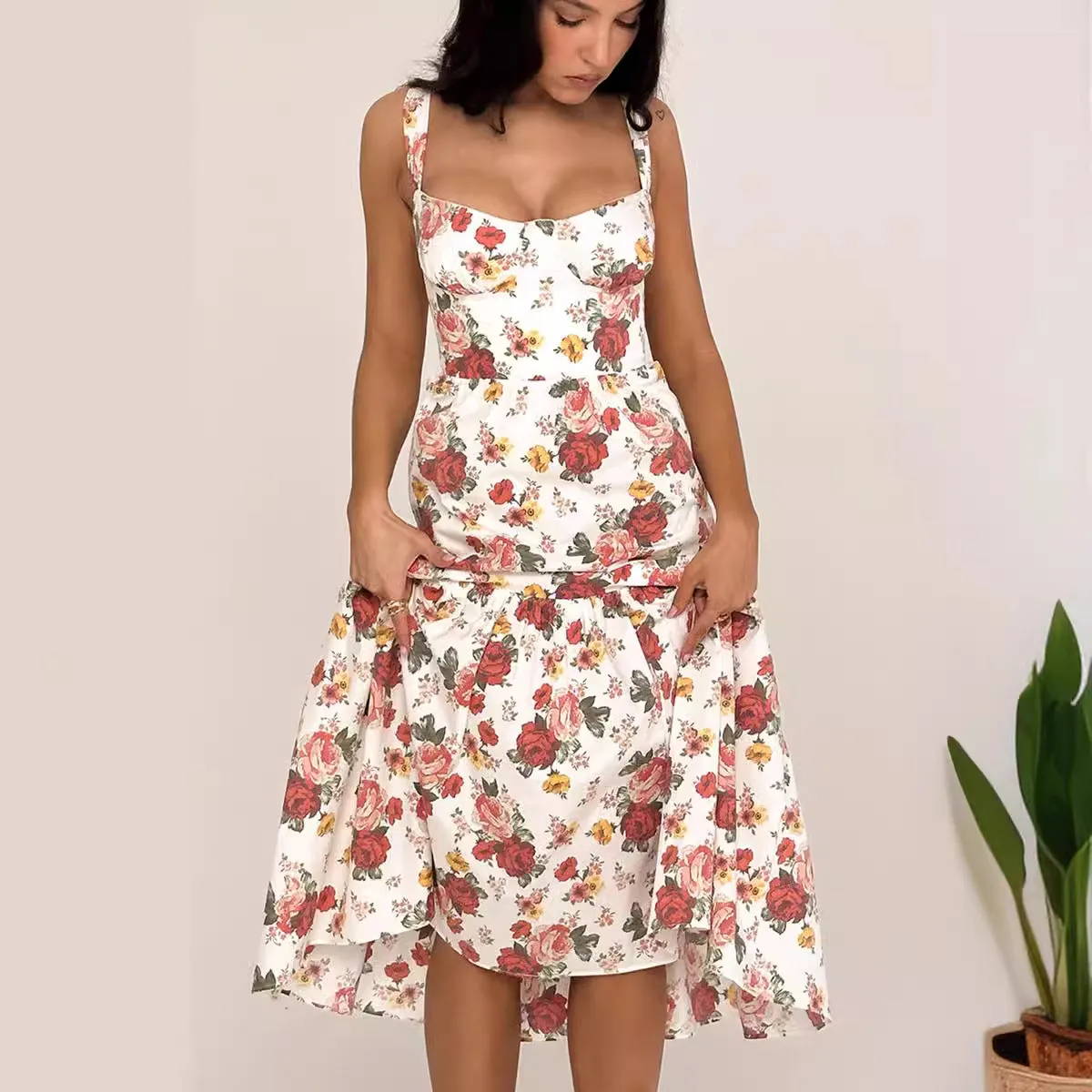 Strap Pocket Elegant Pastoral Floral Tiered Maxi Dress