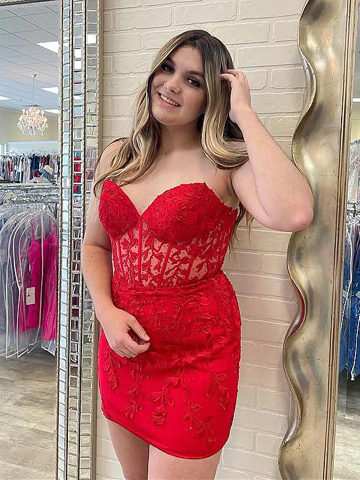 Strapless Beaded Short Red Lace Prom Dresses, Red Lace Homecoming Dresses, Short Red Formal Graduation Evening Dresses