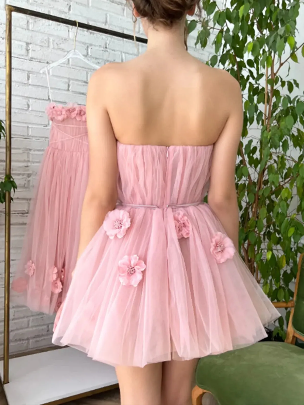 Strapless Short Pink Tulle Prom Dresses with 3D Flowers, Pink Floral Homecoming Dresses, Short Pink Formal Evening Dresses