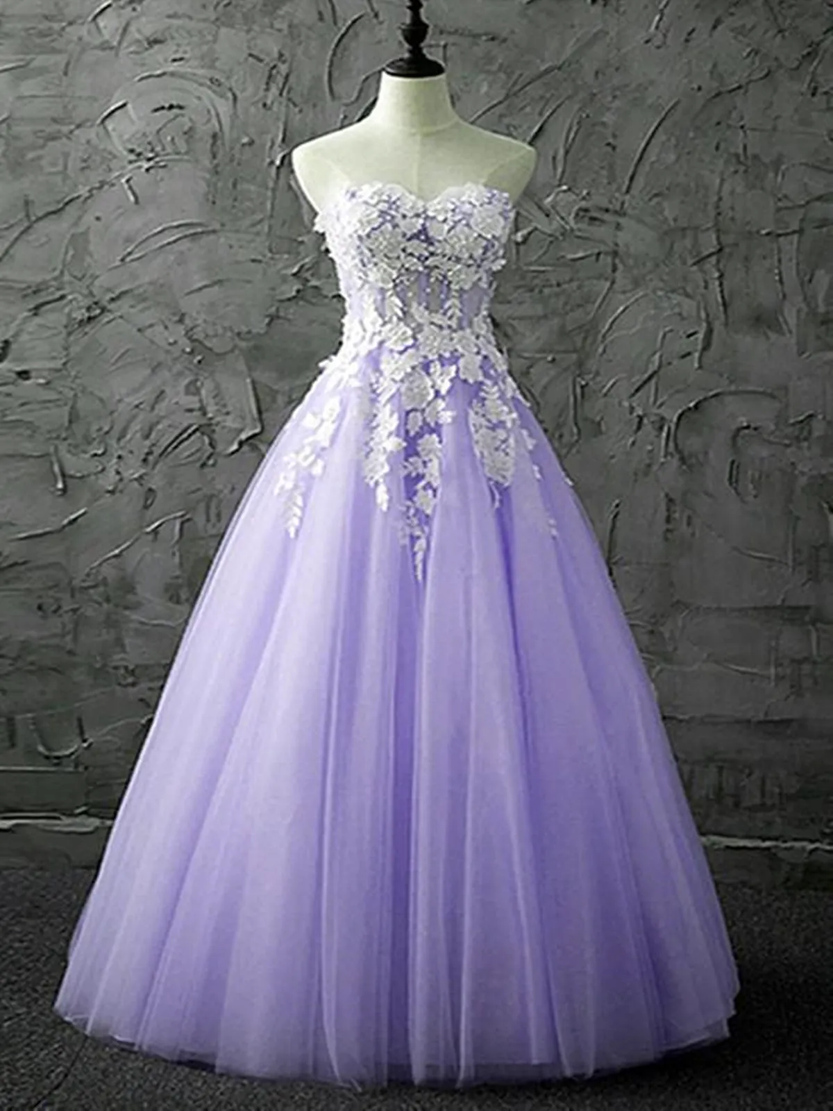 Strapless Sweetheart Neck Purple Lace Long Prom, Lilac Lace Formal Evening